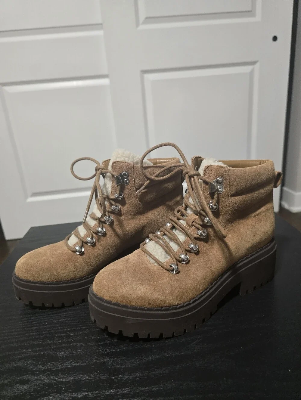MARC FISHER Tan Suede Shearling-Lined Hiker Boots